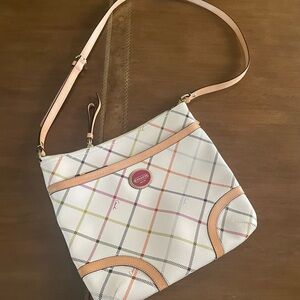 New Coach White Plaid Crossbody with Multicolor Grid and Tan Trim.